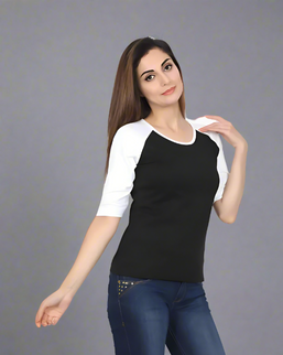 Women's White and Black Raglan Full Sleeve T-Shirt