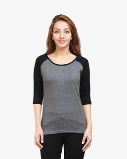 Women's Black Charcoal Melange Raglan Full Sleeve T-Shirt