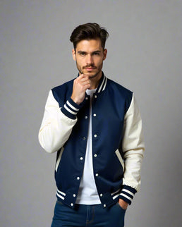 Woman wearing a navy blue varsity jacket 