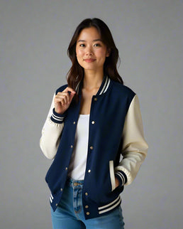 Woman wearing a navy blue varsity jacket 